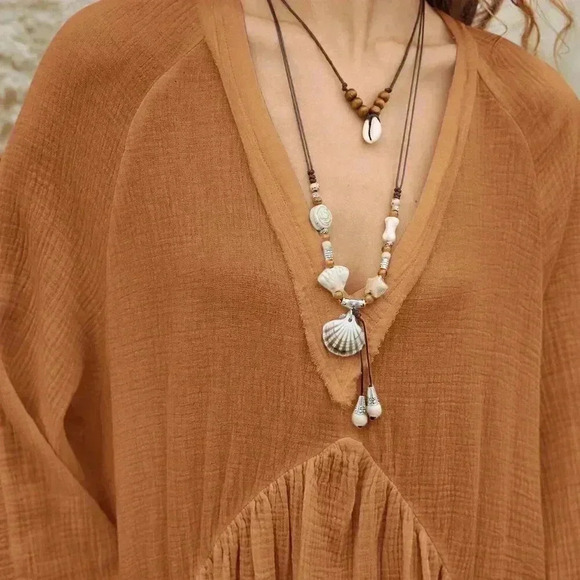 Khaki Boho Women's Lantern Sleeve Back Tie-Up Dress Clothing - Picture 4 of 8